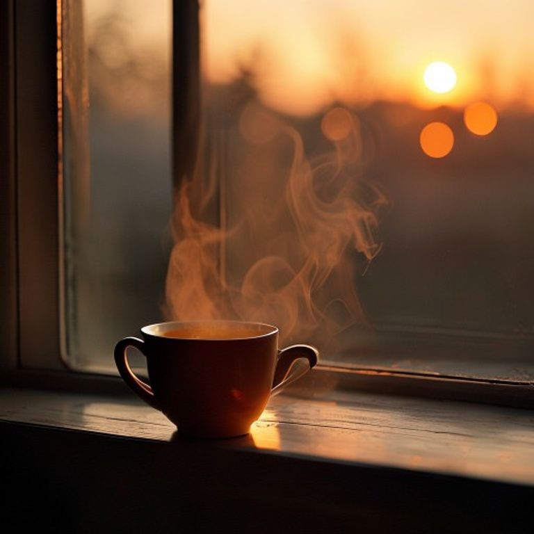 Warm herbal tea steaming in a ceramic cup by a window at dusk