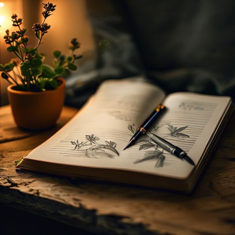 Notebook with pen and botanical illustration on bedside table
