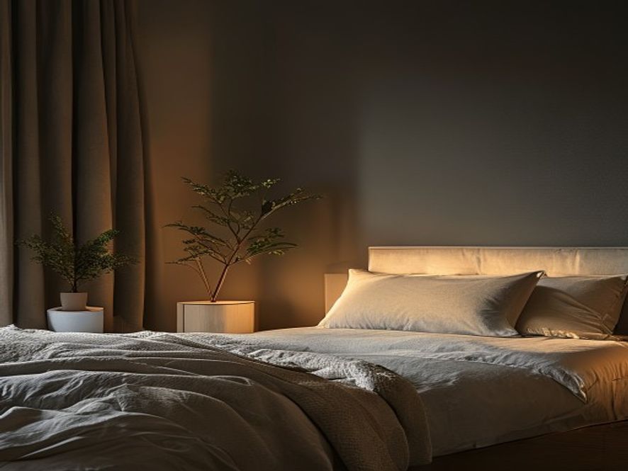 Minimalist bedroom with soft warm lighting, neat bedside table, and plant in corner